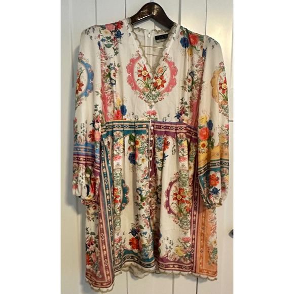 Dalia Macphee Dresses & Skirts - Dalia MacPhee Womens Floral Print Gold Lace Trim Long Sleeve Mini Dress Large